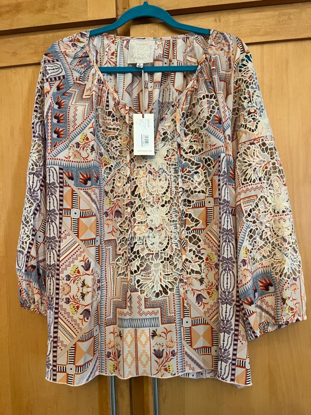 Johnny Was Multi-Print Lace-Front Tunic in Cream, Blue & Rust